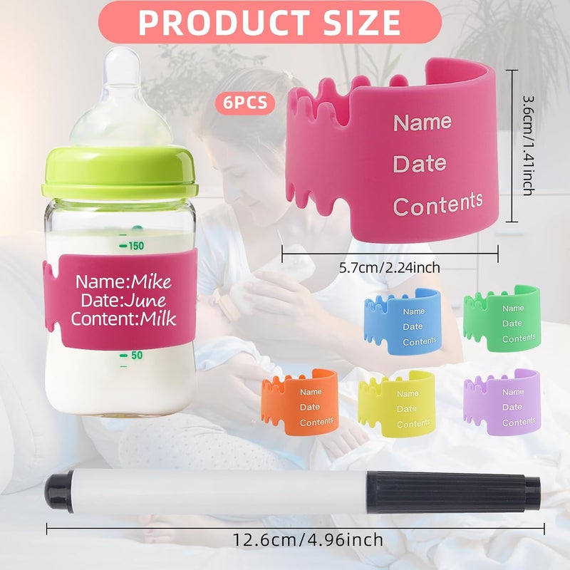 Notoke 6PCS Bottle Labels Daycare Reusable, Waterproof Silicone Baby Bottle Labels for Daycare,Write and Reuse Sippy Cup Bands Baby Bottle Labels with Marker(6 Color) - Image 2